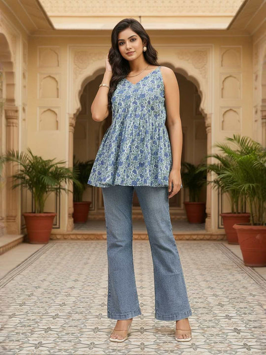 Floral Printed V-Neck Panelled Kurti