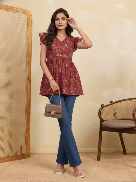 Floral Printed V-Neck Flared Sleeves Pleated Kurti
