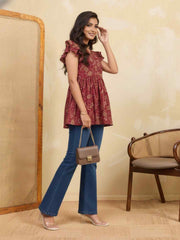 Floral Printed V-Neck Flared Sleeves Pleated Kurti