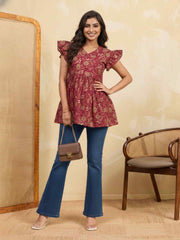 Floral Printed V-Neck Flared Sleeves Pleated Kurti