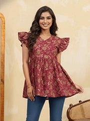 Floral Printed V-Neck Flared Sleeves Pleated Kurti