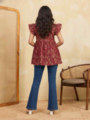 Floral Printed V-Neck Flared Sleeves Pleated Kurti