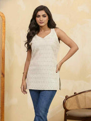 Ethnic Motifs Embroidered V-Neck Chikankari Chikankari Kurti