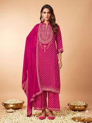 Women Ethnic Motifs Printed Regular Thread Work Silk Crepe Kurta with Palazzos & With Dupatta