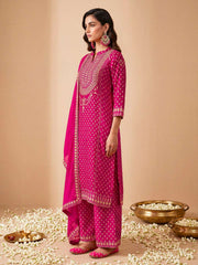 Women Ethnic Motifs Printed Regular Thread Work Silk Crepe Kurta with Palazzos & With Dupatta
