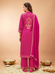 Women Ethnic Motifs Printed Regular Thread Work Silk Crepe Kurta with Palazzos & With Dupatta