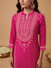 Women Ethnic Motifs Printed Regular Thread Work Silk Crepe Kurta with Palazzos & With Dupatta