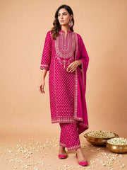 Women Ethnic Motifs Printed Regular Thread Work Silk Crepe Kurta with Palazzos & With Dupatta