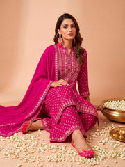 Women Ethnic Motifs Printed Regular Beads and Stones Silk Crepe Kurta with Palazzos & With Dupatta