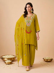 Women Ethnic Motifs Embroidered Regular Thread Work Silk Crepe Kurta with Palazzos & With Dupatta