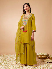 Women Ethnic Motifs Embroidered Regular Thread Work Silk Crepe Kurta with Palazzos & With Dupatta
