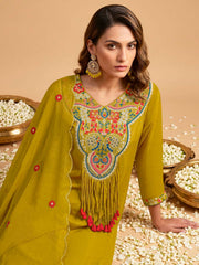 Women Ethnic Motifs Embroidered Regular Thread Work Silk Crepe Kurta with Palazzos & With Dupatta