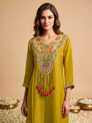 Women Ethnic Motifs Embroidered Regular Thread Work Silk Crepe Kurta with Palazzos & With Dupatta
