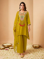 Women Ethnic Motifs Embroidered Regular Thread Work Silk Crepe Kurta with Palazzos & With