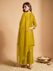 Women Ethnic Motifs Embroidered Regular Thread Work Silk Crepe Kurta with Palazzos & With Dupatta