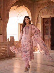 Women Floral Printed Regular Thread Work Silk Crepe Kurta with Trousers & With Dupatta