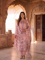 Women Floral Printed Regular Thread Work Silk Crepe Kurta with Trousers & With Dupatta