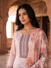 Women Floral Printed Regular Thread Work Silk Crepe Kurta with Trousers & With Dupatta