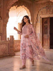 Women Floral Printed Regular Thread Work Silk Crepe Kurta with Trousers & With Dupatta