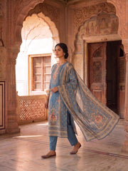 Women Ethnic Motifs Printed Regular Linen Kurta with Trousers & With Dupatta