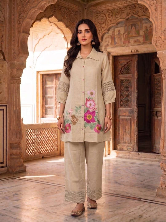 Floral Chanderi Embroidered Tunic with Trousers