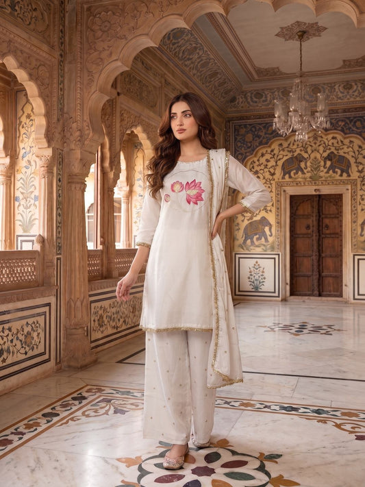 Women Floral Embroidered Regular Thread Work Kurta with Palazzos & With Dupatta