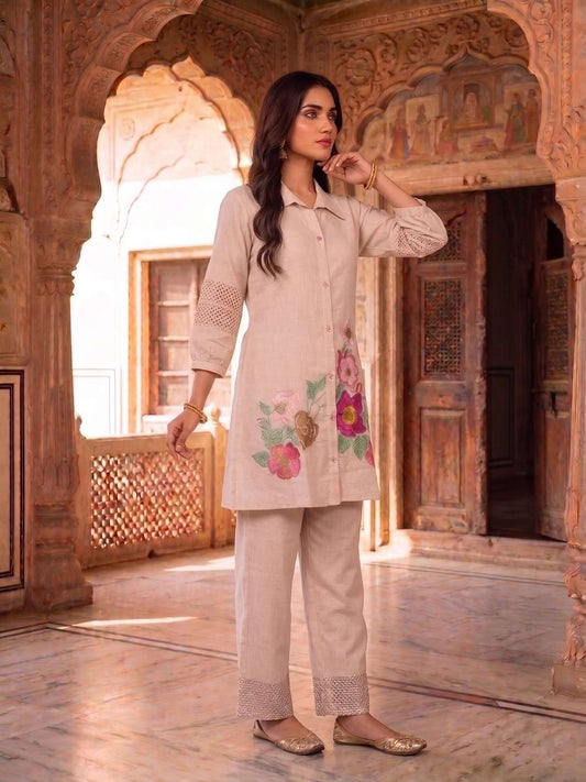 Floral Chanderi Embroidered Tunic with Trousers