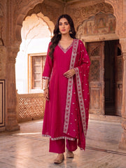Ethnic Motifs Printed Thread Work Kurta with Trousers & With Dupatta