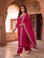 Ethnic Motifs Printed Thread Work Kurta with Trousers & With Dupatta