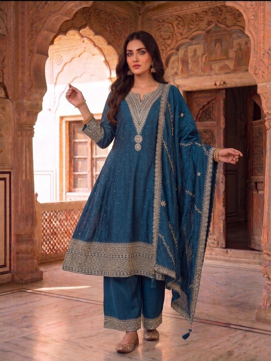 Women Ethnic Motifs Embroidered Regular Thread Work Kurta with Palazzos & With Dupatta
