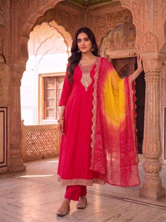 Women Ethnic Motifs Embroidered Regular Kurta with Trousers & With Dupatta