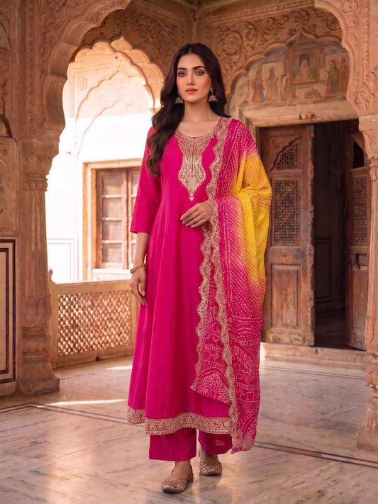Ethnic Motifs Embroidered Thread Work Kurta with Palazzos & With Dupatta