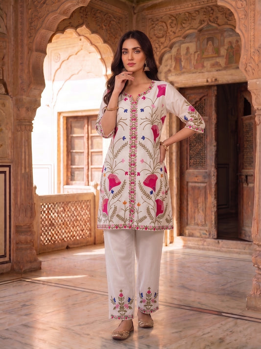 Floral Embroidered Tunic with Trousers