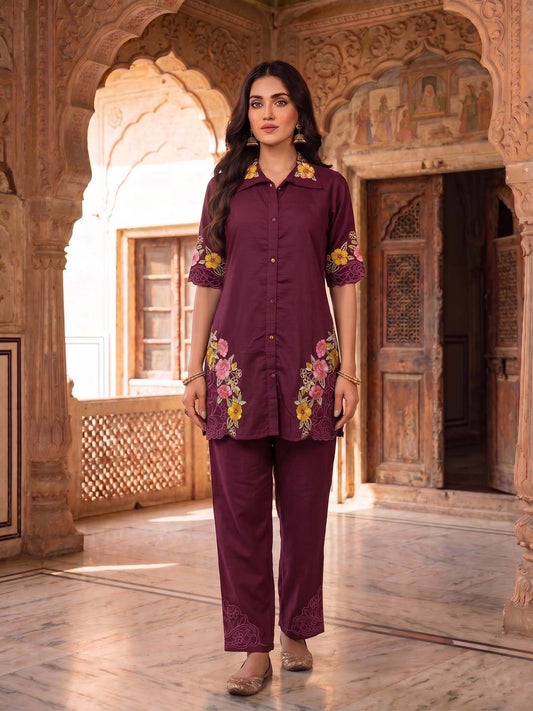 Romantic Florals Embroidered Shirt with Trousers