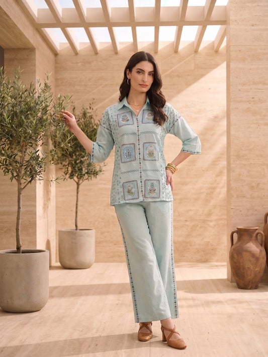 Floral Embroidered Shirt with Trousers