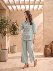 Floral Embroidered Shirt with Trousers