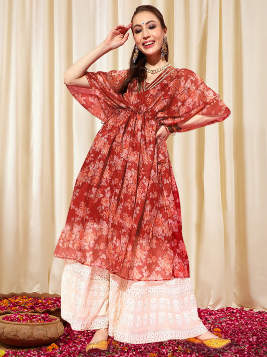 Women Floral Printed Gotta Patti Floral Kaftan Kurta
