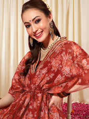 Women Floral Printed Gotta Patti Floral Kaftan Kurta