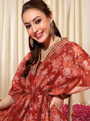 Women Floral Printed Gotta Patti Floral Kaftan Kurta