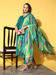 Women Pleated Kurta with Trousers & With Dupatta