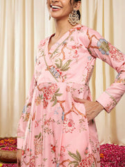 Women Floral Printed Pleated Gotta Patti Kurta with Trousers