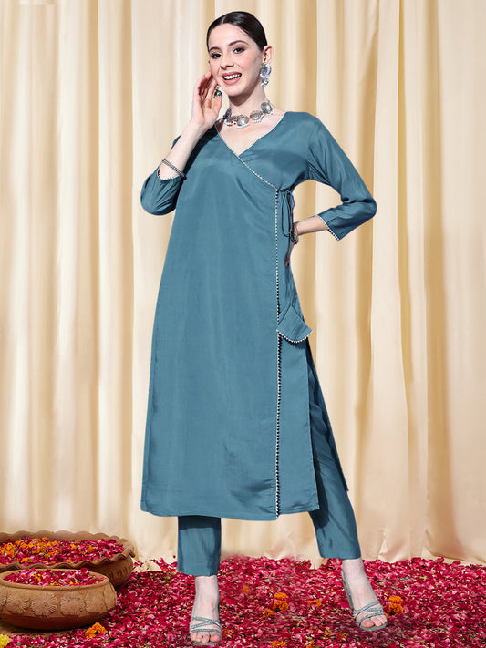 Women Angrakha Gotta Patti Chanderi Cotton Kurta with Trousers