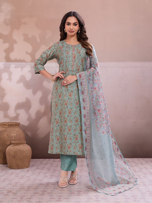 Women Ethnic Motifs Printed Regular Thread Work Chanderi Cotton Kurta with Trousers &