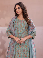 Women Ethnic Motifs Printed Regular Thread Work Chanderi Cotton Kurta with Trousers &