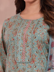 Women Ethnic Motifs Printed Regular Thread Work Chanderi Cotton Kurta with Trousers &