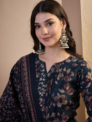 Women Floral Printed Regular Sequinned Chanderi Cotton Top with Trousers & With Dupatta
