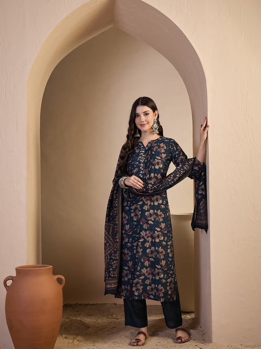 Women Floral Printed Regular Sequinned Chanderi Cotton Top with Trousers & With Dupatta