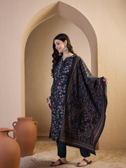 Women Floral Printed Regular Sequinned Chanderi Cotton Top with Trousers & With Dupatta