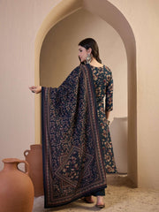 Women Floral Printed Regular Sequinned Chanderi Cotton Top with Trousers & With Dupatta