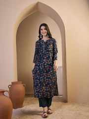 Women Floral Printed Regular Sequinned Chanderi Cotton Top with Trousers & With Dupatta